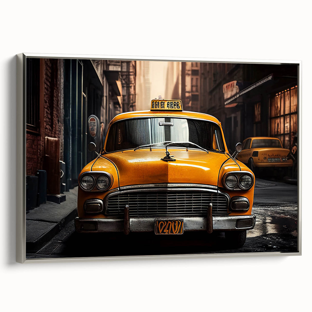 Framed canvas of a vintage black taxi in colorful abstract style, ideal for adding a unique touch to office decor.