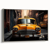 Framed canvas of a vintage black taxi in colorful abstract style, ideal for adding a unique touch to office decor.