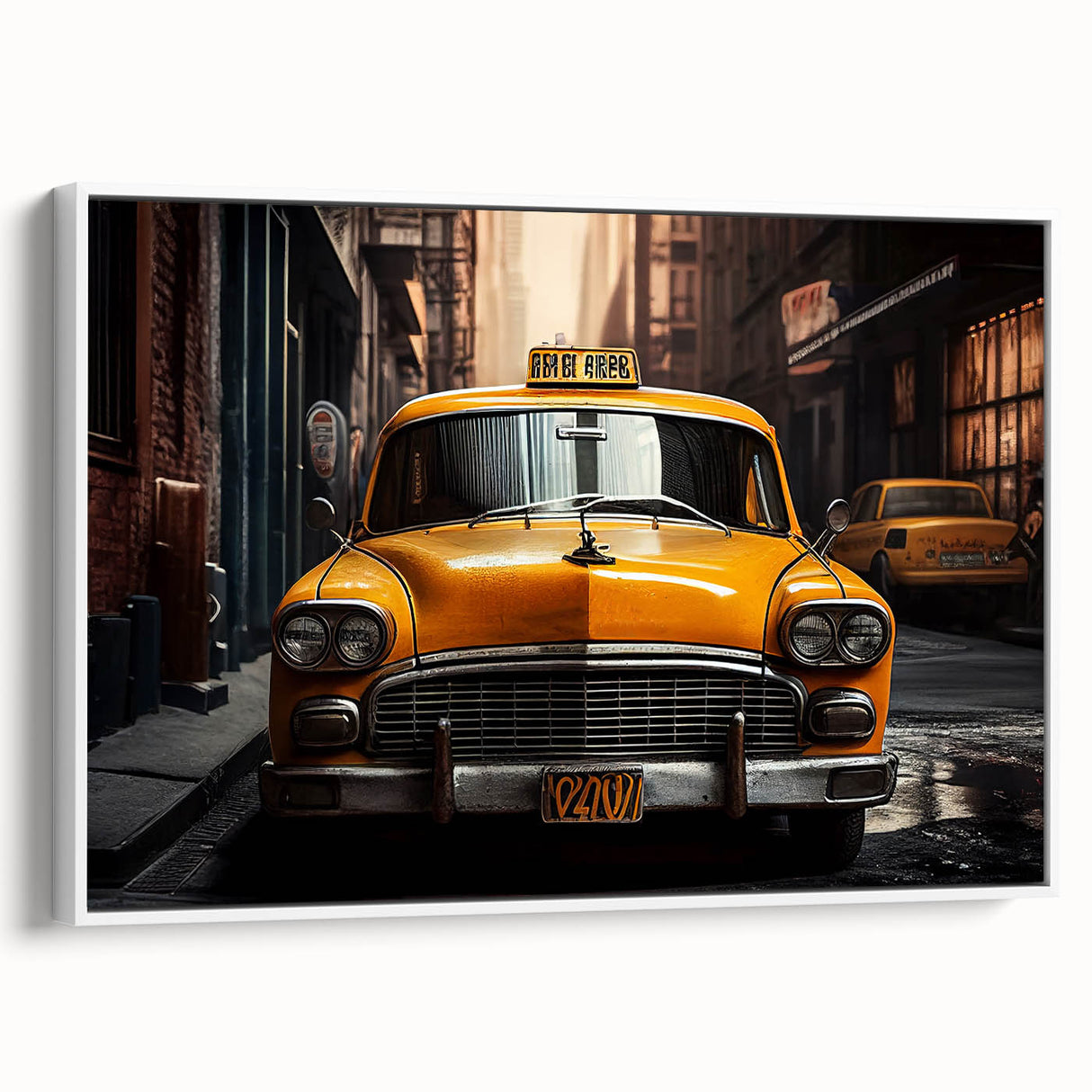 Vintage poster art of a classic taxi in vibrant yellow on a framed canvas, ideal for extra large living room wall.