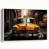 Vintage poster art of a classic taxi in vibrant yellow on a framed canvas, ideal for extra large living room wall.