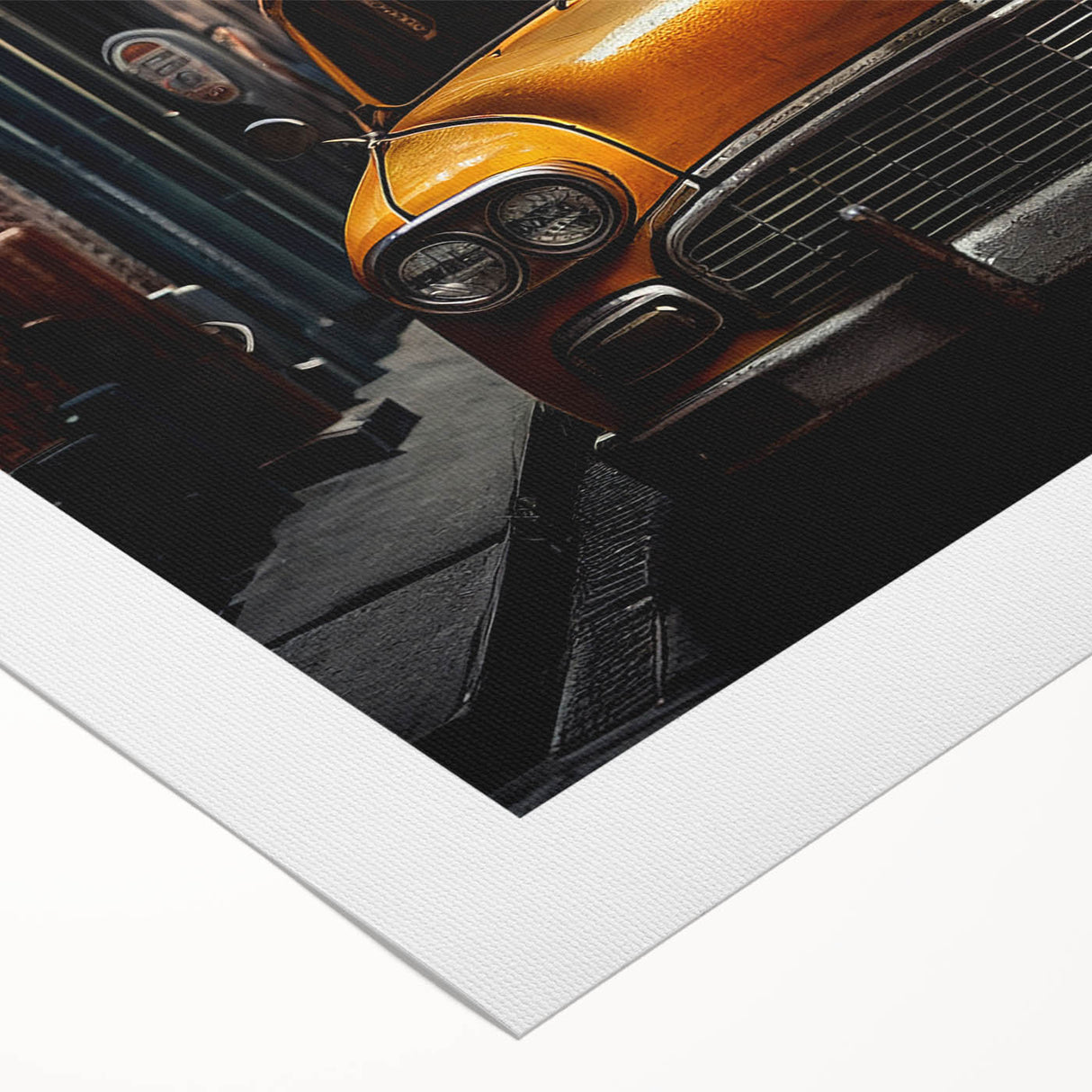 Art deco poster of a vintage taxi in monochrome shades on a rolled canvas, suitable for dining room or bathroom decor.