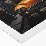 Art deco poster of a vintage taxi in monochrome shades on a rolled canvas, suitable for dining room or bathroom decor.