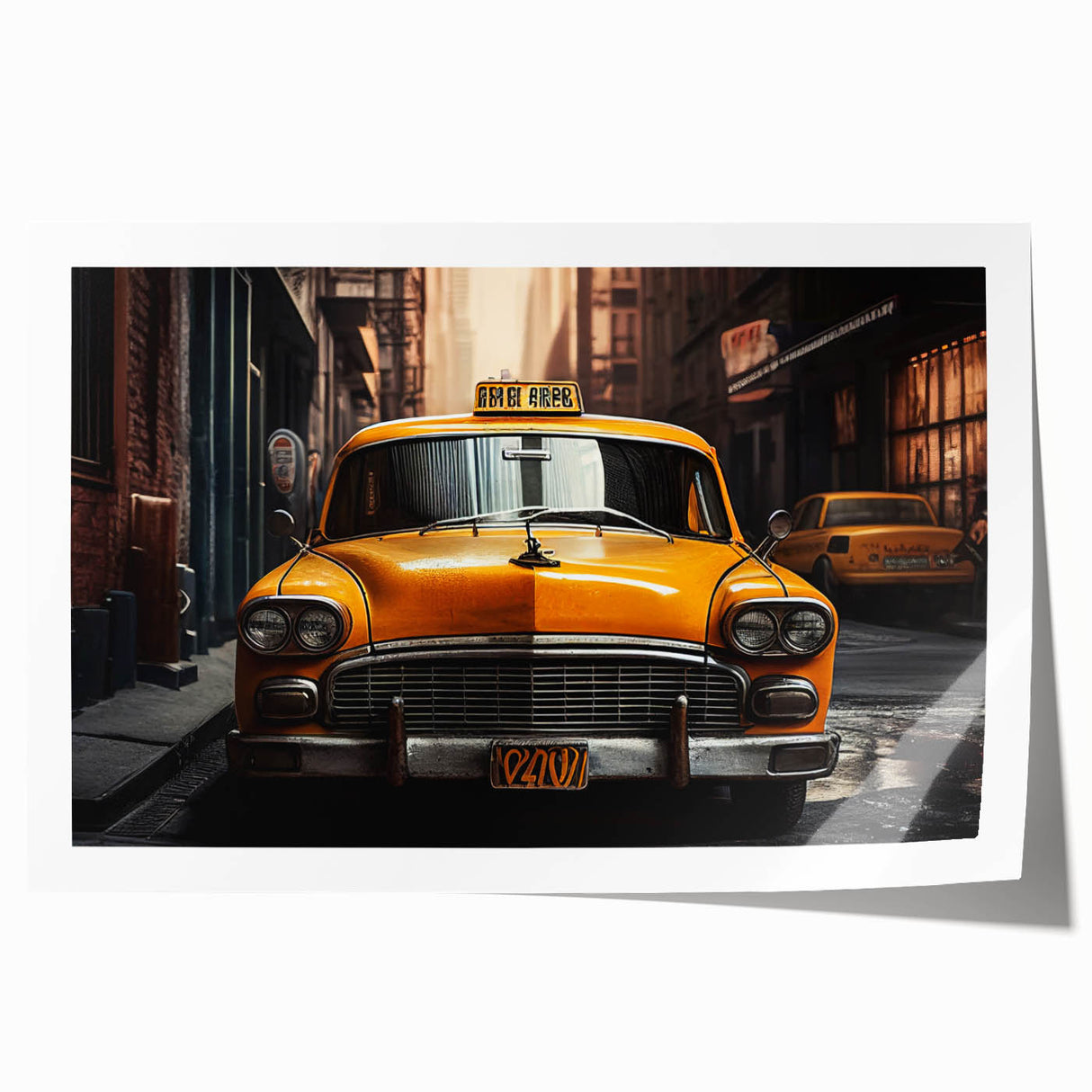 Rolled print of a vintage taxi in muted yellow and black, suitable for art wall dining room.