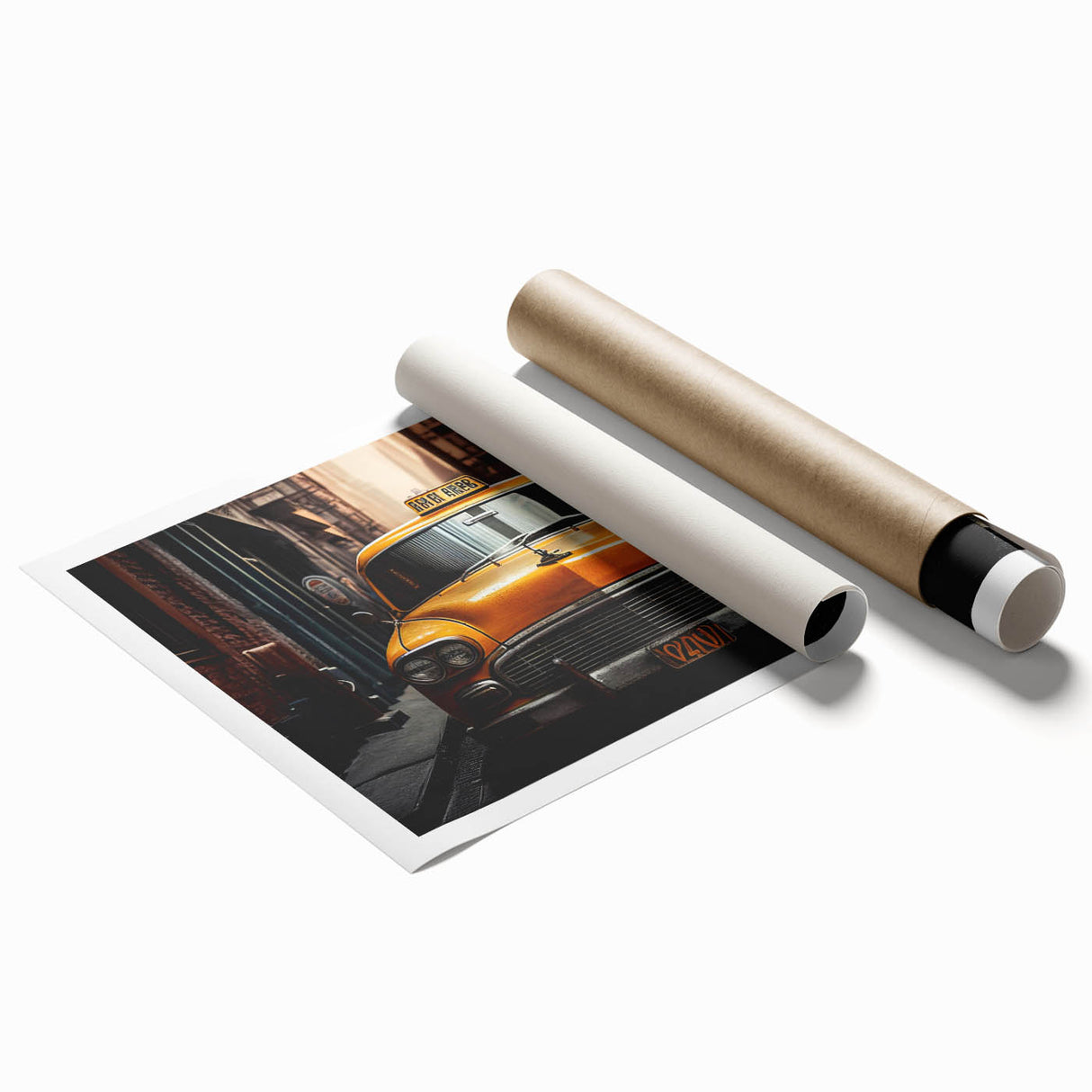 Rolled print featuring a vintage taxi in muted yellow and black tones, ideal for classy bathroom wall art.