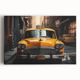 Black and white print of vintage taxis on stretched canvas, ideal for kitchen wall art.