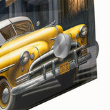 Large abstract wall art featuring a mid-century modernist taxi design in muted yellow and black on acrylic glass.