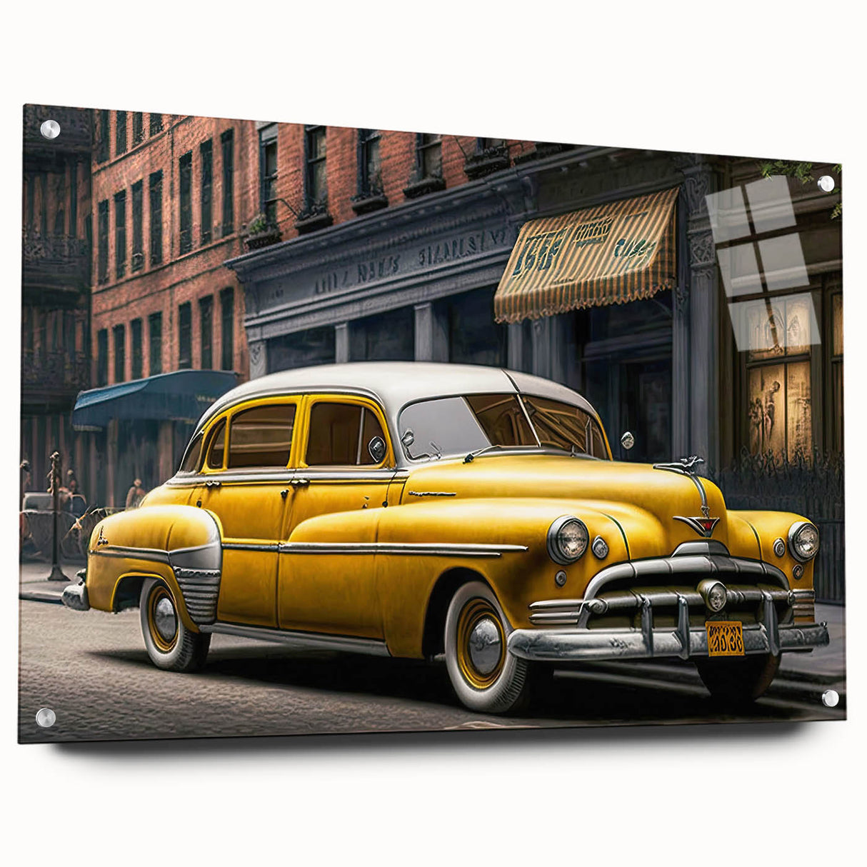 Acrylic print of a vintage car in muted gray and blue tones, ideal for dining room decor.