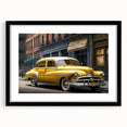 Extra large abstract art print featuring a colorful, textured depiction of taxis and cars on canvas, framed in black.
