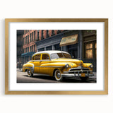 Extra large abstract art print featuring a textured depiction of a taxi, in gold frame, ideal for living room decor.