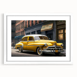 Abstract art print of a stylized taxi in yellow and black on a white framed poster, suitable for dining room decor.