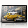 Large abstract wall art featuring a mid-century modernist style depiction of cars and taxis in muted yellow and black tones.