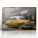 Mid-century modernist style taxi illustration in gold and black, framed acrylic print, suitable for modern art wall decor.