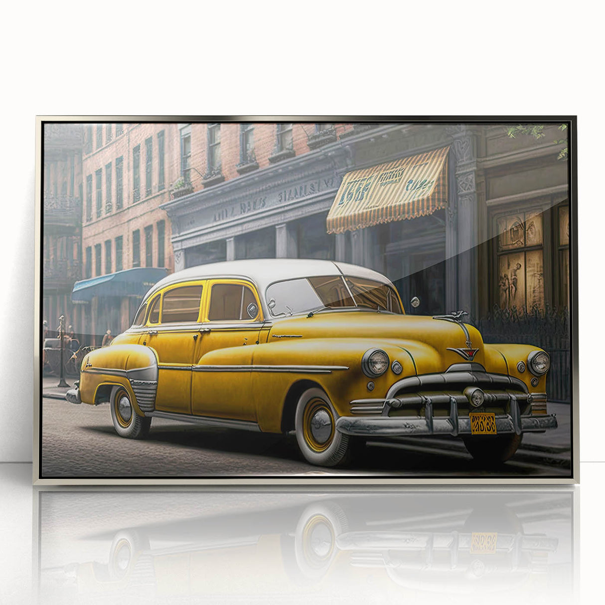 Mid-century modernist art deco poster featuring a silver taxi, in a framed acrylic, suited for nursery wall art.