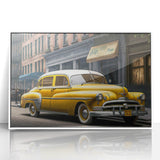 Art deco poster featuring a vintage car and taxi in vibrant yellow and black tones on a white acrylic framed print.