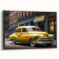 Black and white framed canvas featuring a side view of a vintage taxi, ideal for bedroom wall decor.