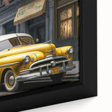 Extra large framed canvas featuring a close-up of a black vintage taxi, accented with colorful, textured details.