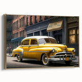 Side view of a classic car in gold and black tones on a framed canvas, ideal for bedroom wall decor.
