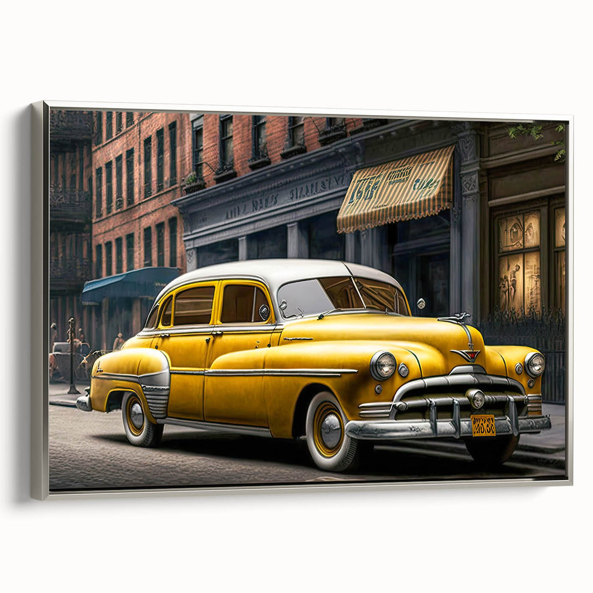 Framed canvas featuring a silver vintage car on a black background, ideal for decorating a home office.