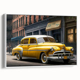 Vintage poster art of a classic car in vibrant colors on a framed canvas, ideal for living room decor.