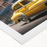 Art deco poster of a vintage yellow taxi on rolled canvas with muted gray and yellow tones.