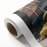 Art deco style poster of colorful vintage cars on rolled canvas, ideal for nursery wall art.