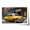 Extra large wall art featuring a vintage taxi design in muted yellow and black tones on rolled canvas.