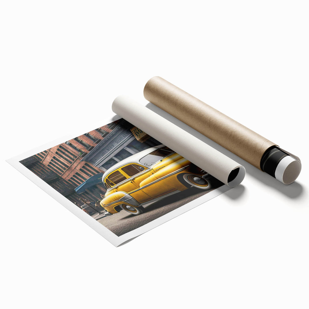 Extra large wall art featuring a vintage taxi in muted yellow and black tones on a rolled canvas.