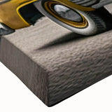 Black and white landscape art painting on stretched canvas featuring a close-up view of a vintage taxi.