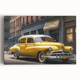 Black and white stretched canvas of a vintage taxi, ideal for kitchen wall art.