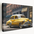 Side view of a vintage taxi, rendered in muted yellow and black tones on stretched canvas, suitable for kitchen wall decor.