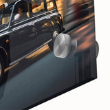 Large abstract wall art featuring a mid-century modernist car design in muted earth tones on acrylic glass.