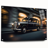 Acrylic print of a side-view taxi in bright yellow and black, ideal for dining room decor.