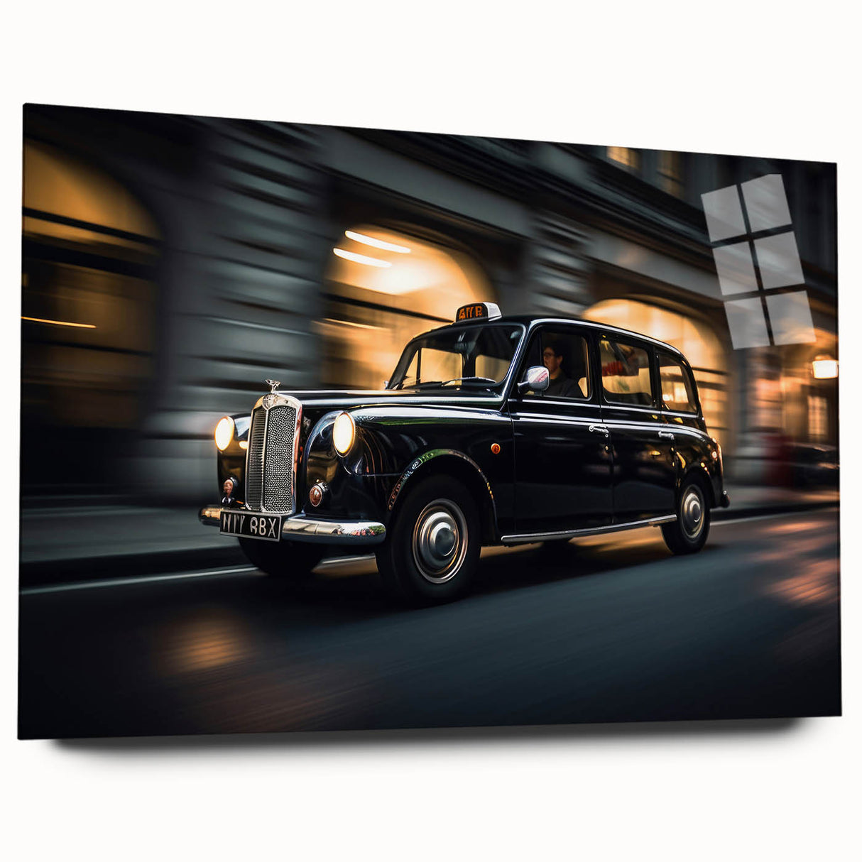 Acrylic print of a side-view taxi in yellow and black, ideal for modern bedroom or dining room decor.