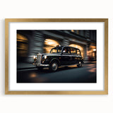 Abstract art print featuring textured vehicles in muted gold, framed, ideal for extra large wall art in a living room.