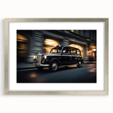 Textured art print of an abstract taxi design in muted yellow and black on a silver-framed canvas.