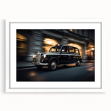 Abstract art print featuring a stylized taxi in bright yellow and black on a white framed canvas.
