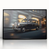 Large abstract wall art featuring mid-century modernist style taxis in black and yellow on acrylic.