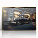 Mid-century modernist art print on acrylic, depicting a vintage taxi in muted yellow and black, ideal for nursery wall decor.