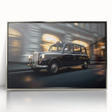 Mid-century modernist art featuring a vintage taxi in muted yellow and black tones, acrylic print framed in silver.