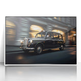 Art deco poster of a vintage taxi in black and white, acrylic print, ideal for nursery wall art.