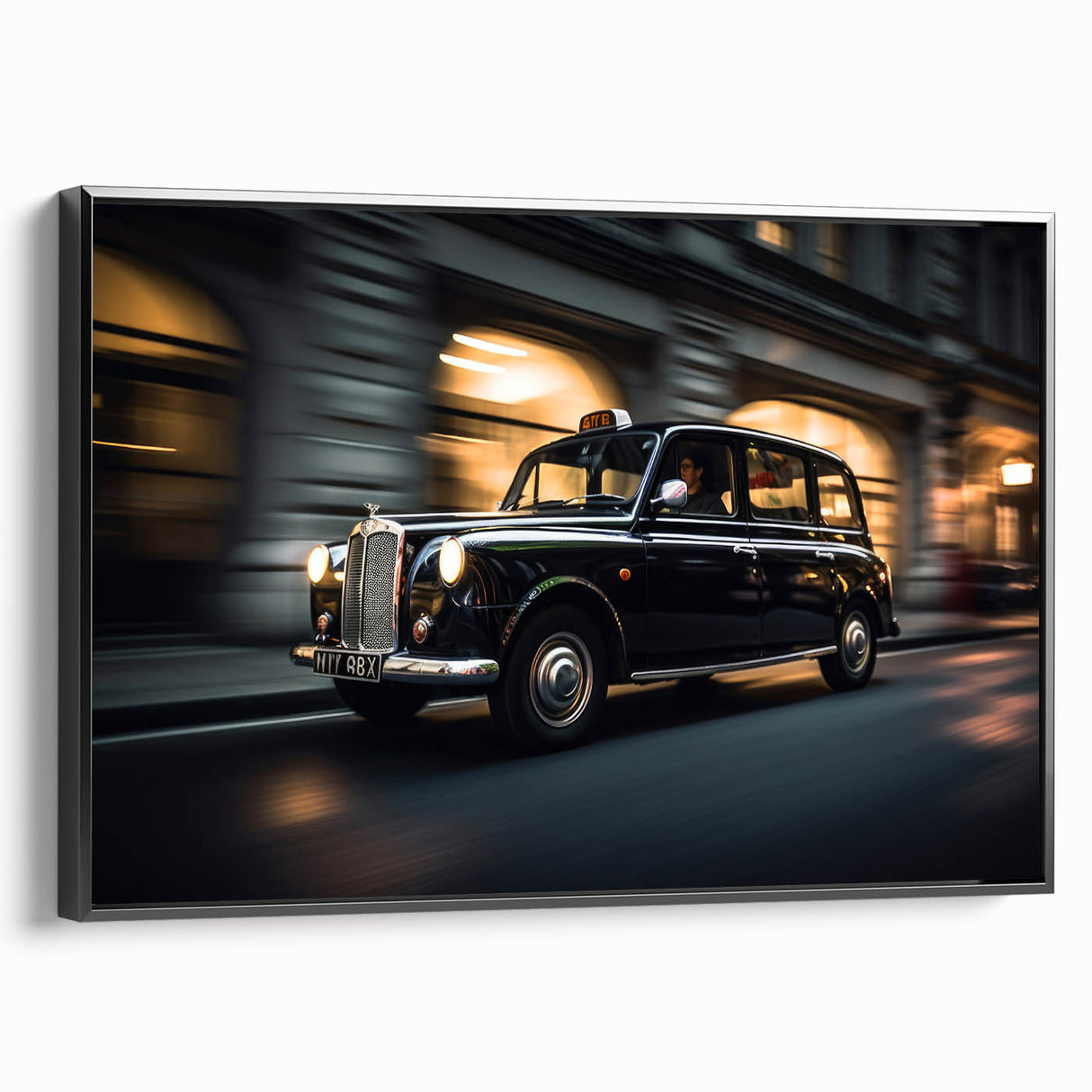 Black and white vintage poster art of a classic car on a framed canvas, ideal for bedroom wall decor.