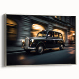 Framed canvas of a vintage black taxi in a colorful cityscape, ideal for living room decor.