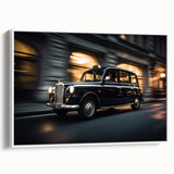 Vintage poster art of a classic taxi, predominantly black with colorful accents, on a framed canvas.