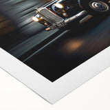 Art deco poster featuring a vintage yellow taxi, in muted yellow and black tones on rolled canvas.