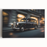 Black and white stretched canvas featuring a vintage taxi design, ideal for kitchen wall art.