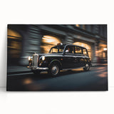 Black and white print of a classic taxi on stretched canvas, suitable as large kitchen wall art or for bedroom decor.