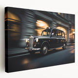 Yellow taxi on a bustling city street printed on stretched canvas, suitable for kitchen wall art.