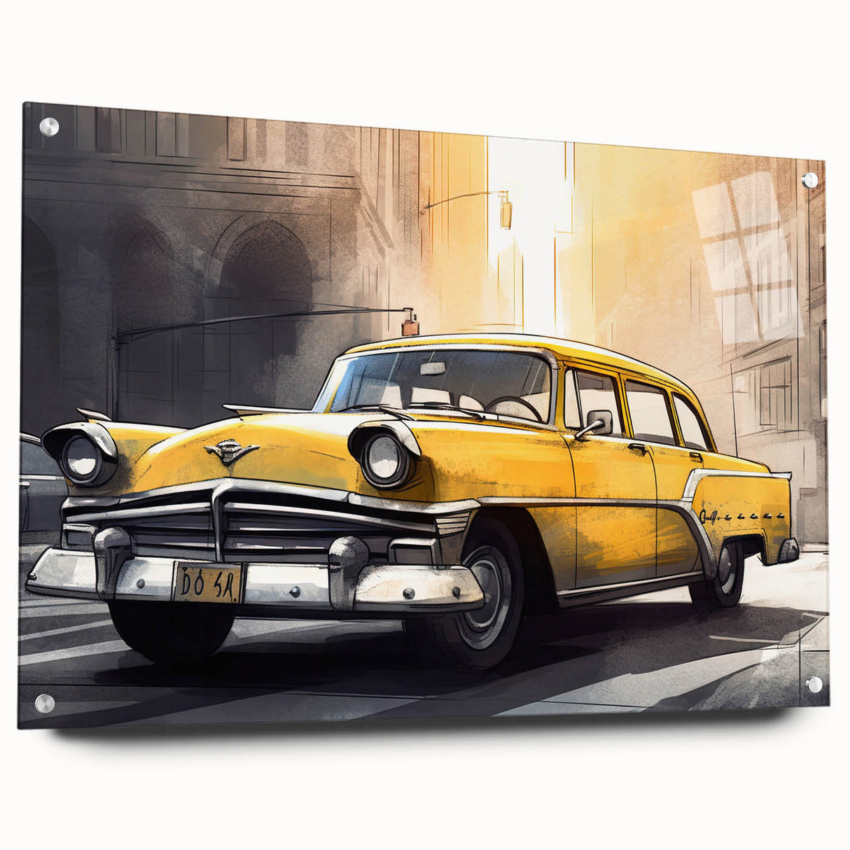Acrylic print of a side-view car in vibrant yellow and black, ideal for modern bedroom or dining room decor.
