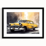 Abstract art print of colorful, textured vehicles on a large canvas, framed in black, ideal for living room decor.