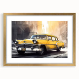 Extra large abstract art print featuring textured taxi and car motifs in gold frame, ideal for living room decor.
